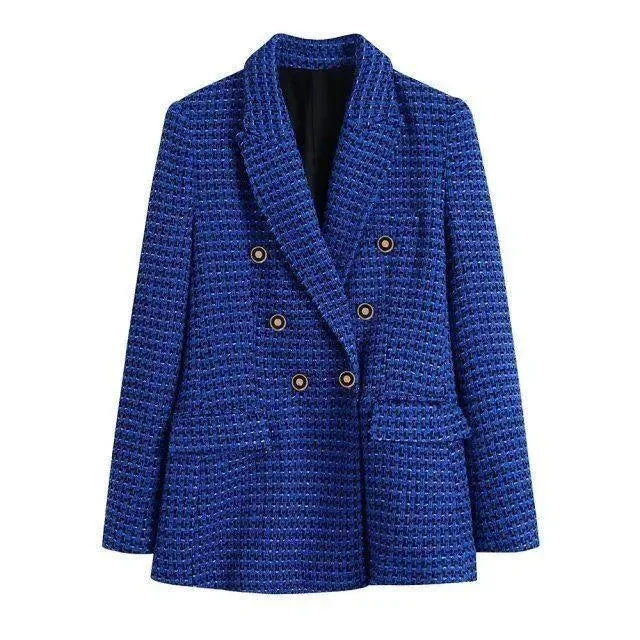 Exclusive Sale Dark Blue Tweed Blazer Women - Casual - Plaid