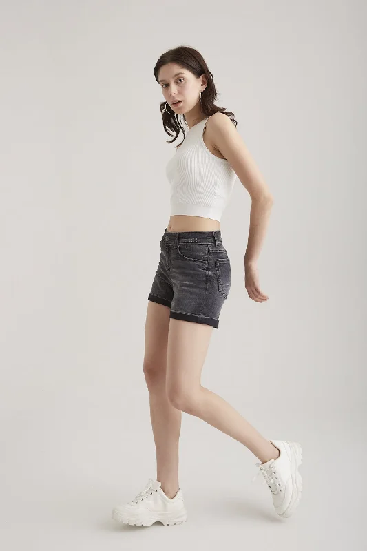 Style Revolution Emma Mid Waist 5 Pocket Denim Shorts Coal black