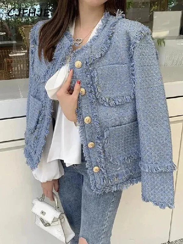 Best Sellers Elegant Blue Tassel Tweed Jacket Women