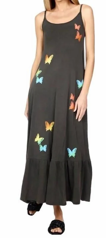 Sophisticated Cut Beatrix Maxi Ruffle Rainbow Butterflies Dress in Vintage Black/ Multi