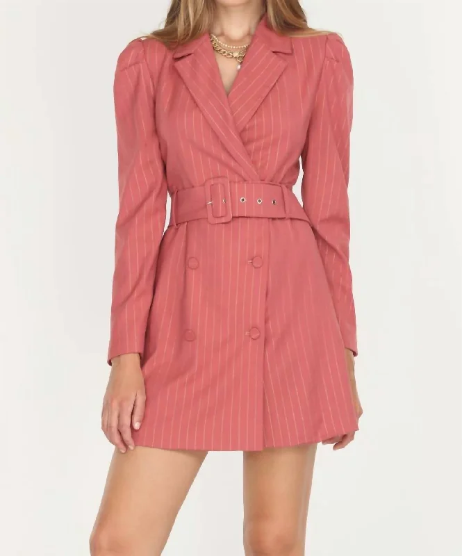 Exclusive Sale Kayla Pinstripe Belted Blazer Dress in Desert Rose