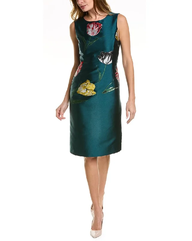 Trendy Women's Wear Oscar de la Renta Tulip Jacquard Silk-Lined Sheath Dress