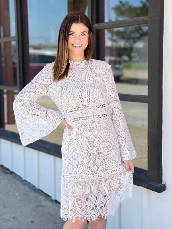 Fashion-Forward Romance Lace Bell Sleeve Dress in White